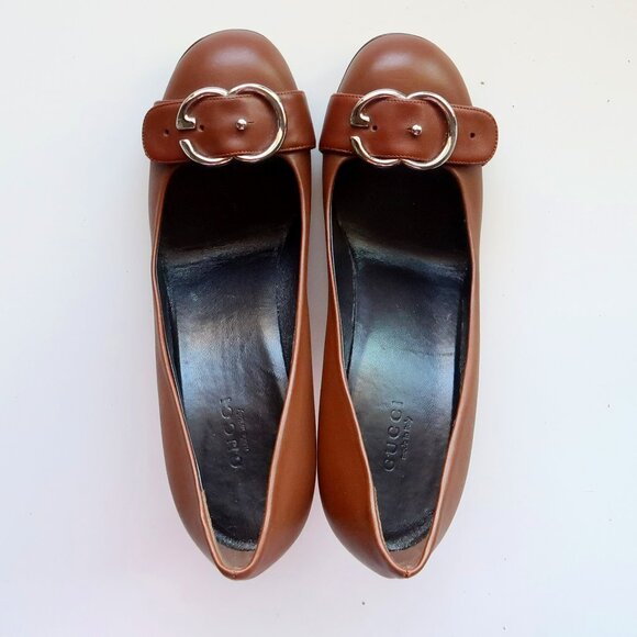 Gucci Brown Leather Block Heel Pumps Logo Buckle Designer Office Party Shoes 7.5 - Picture 5 of 16